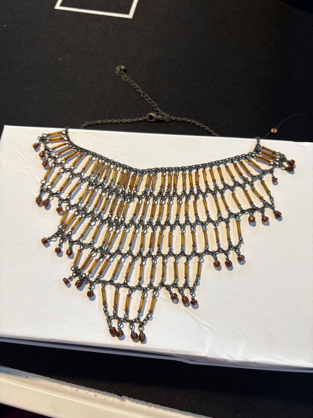 Boho Amber and Black Fringe Statement Necklace - Unbranded